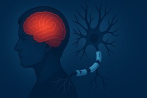 تصویر شماتیک مغز و سلول عصبی با آسیب میلین در بیماری ام اس (مولتیپل اسکلروزیس) - KIO Medical